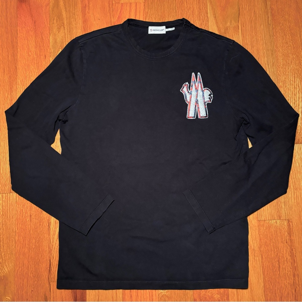 Moncler Navy Long Sleeve Tee with Chest Logo Patch